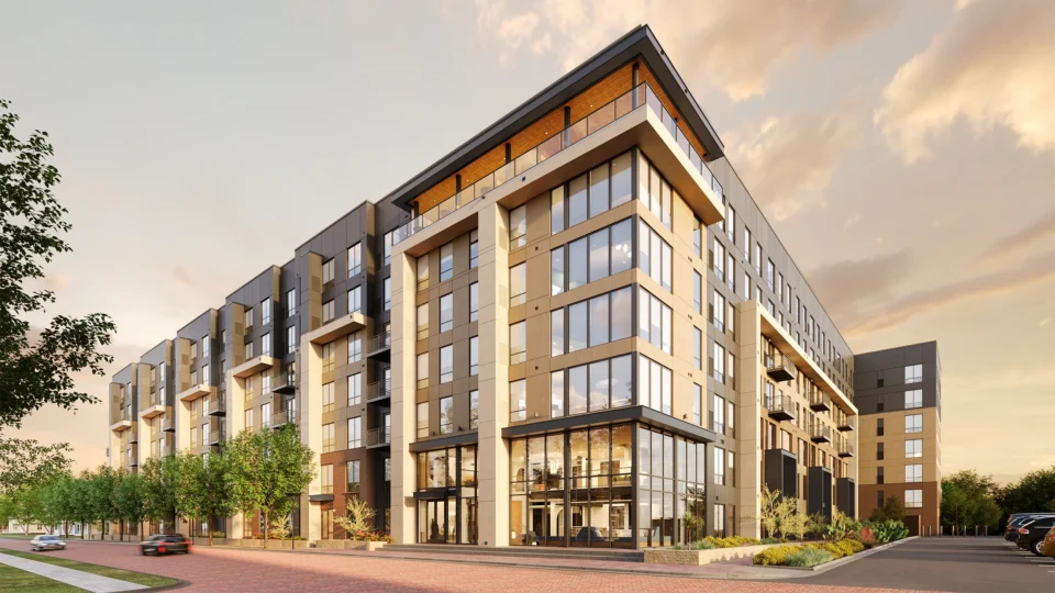 Exterior view of Troubadour student apartments near Texas Tech at sunset