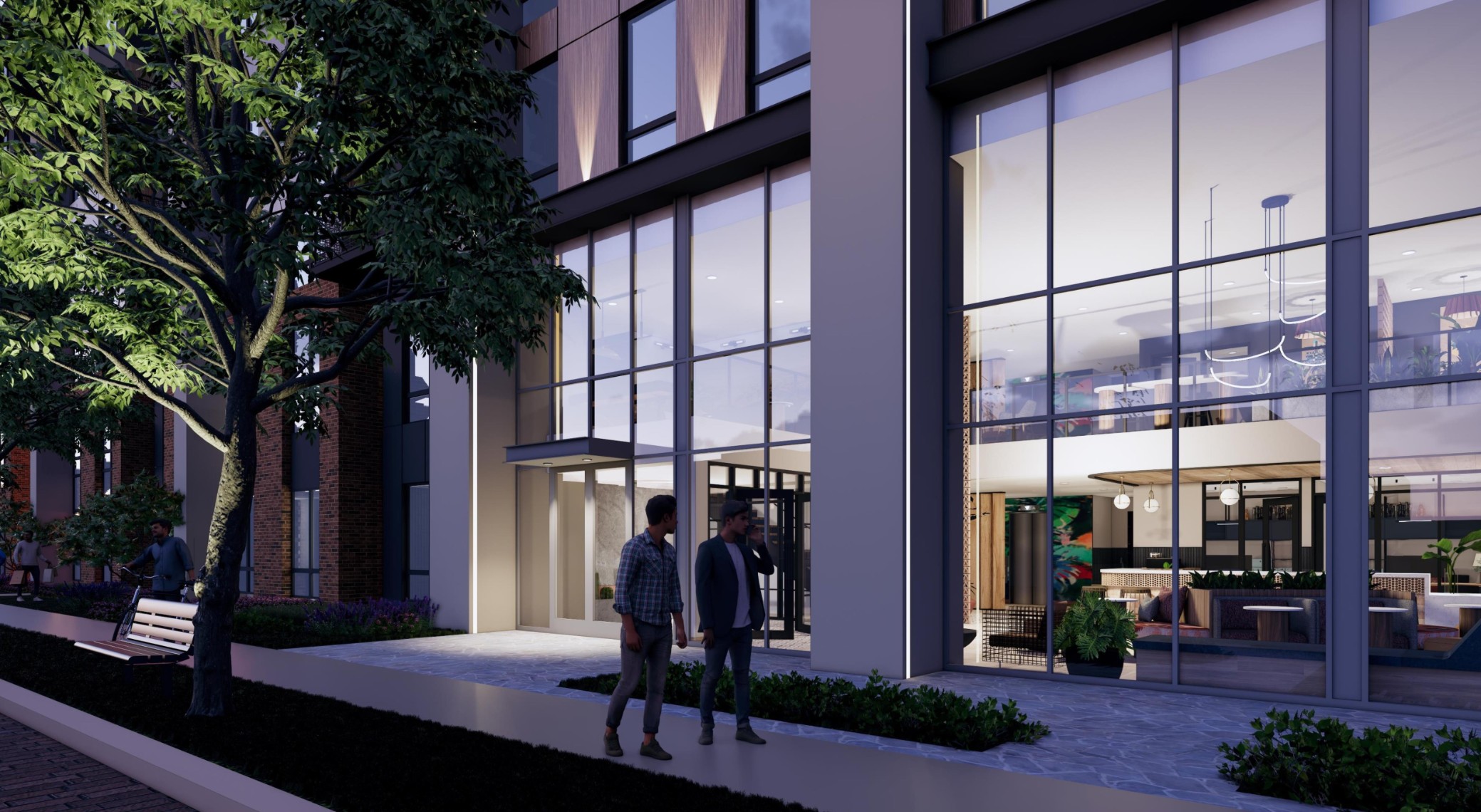 Exterior rendering of Troubadour entrance and resident lounge