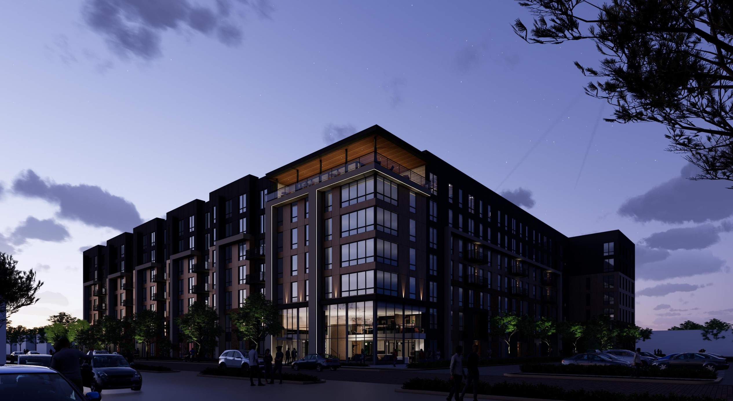 Street view rendering of Troubadour student housing at twilight